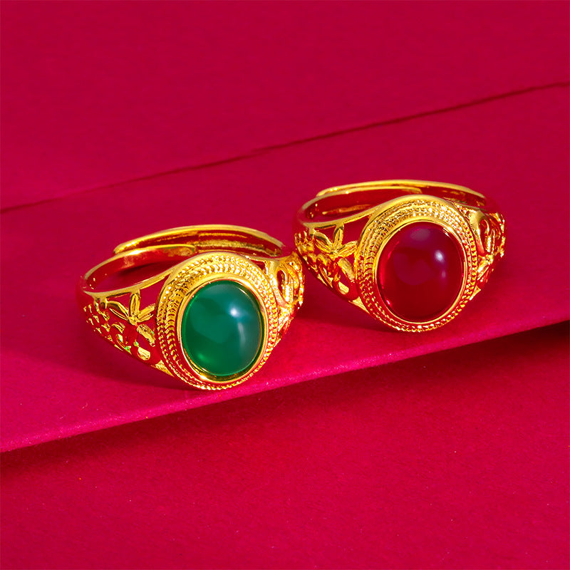 Women's Vietnam Placer Gold Open Red Green Egg Sand Ring