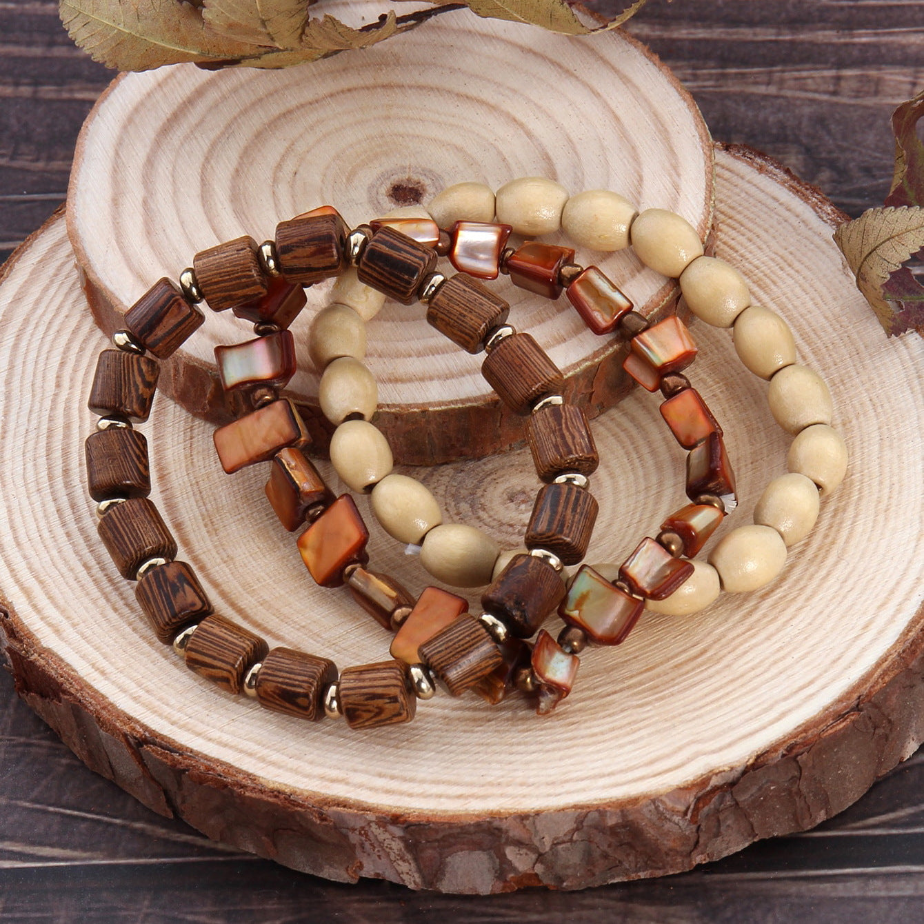 Chinese Retro Three-piece Natural Shell Wood Beaded Elastic Bracelets