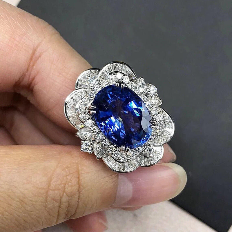 Style Dignified Flowers Rose Female Imitation Sapphire Oval Rings