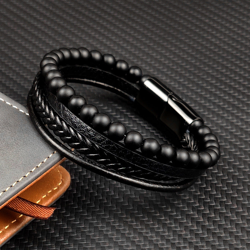 Men's Stainless Steel Leather Black Frosted Beads Woven Magnet Bracelet