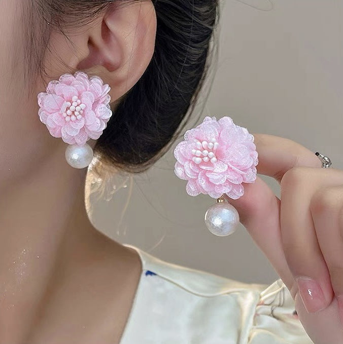Women's Super Fairy Retro Fabric Chiffon Flower Sier Needle Stud Earrings