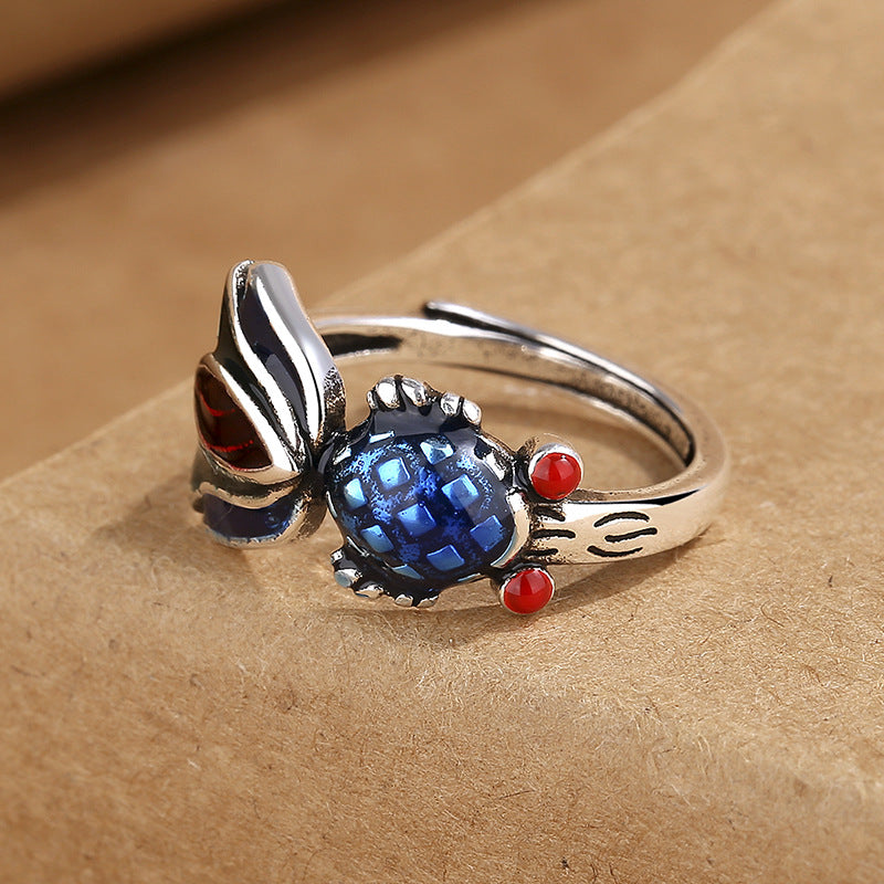 Old Enamel Burnt Blue Goldfish Female Ethnic Style Thai Sier Ring