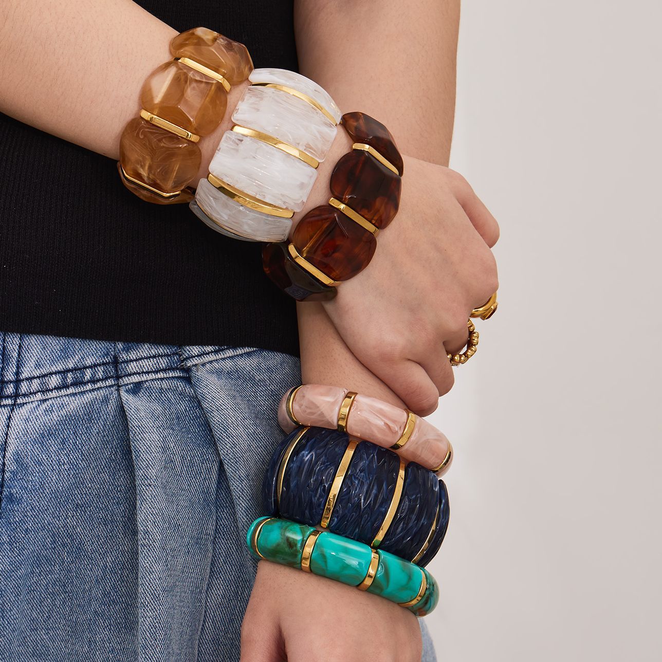 Color Matching Resin Wide Surface Elastic High Texture Fashion Stainless Bracelet