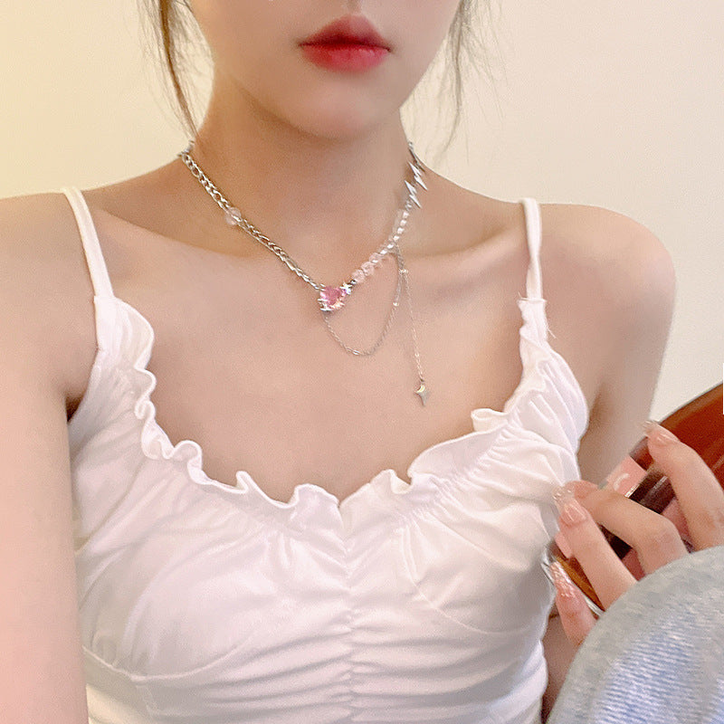 Women's Style Pink Heart For Trendy Patchwork Easy Matching Temperament Titanium Necklace