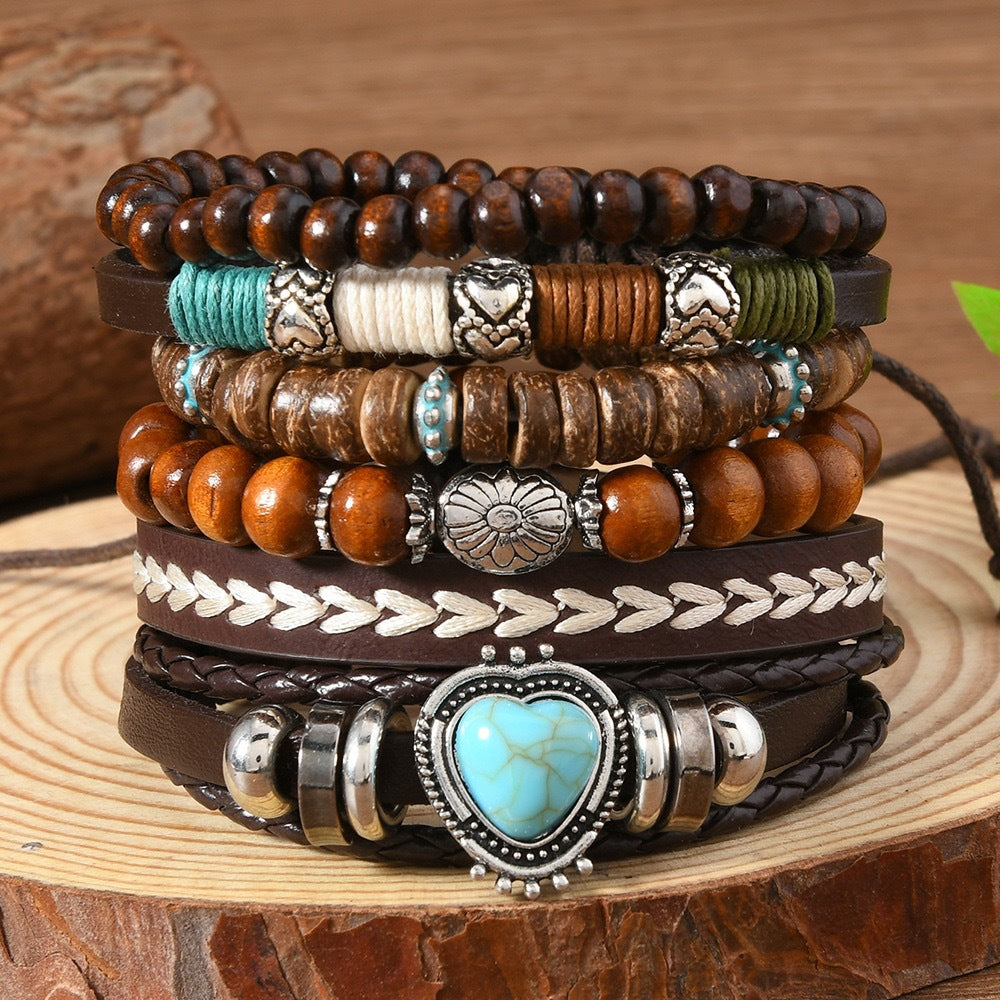 Wooden Bead Leather Rope Twin Ethnic Bracelet