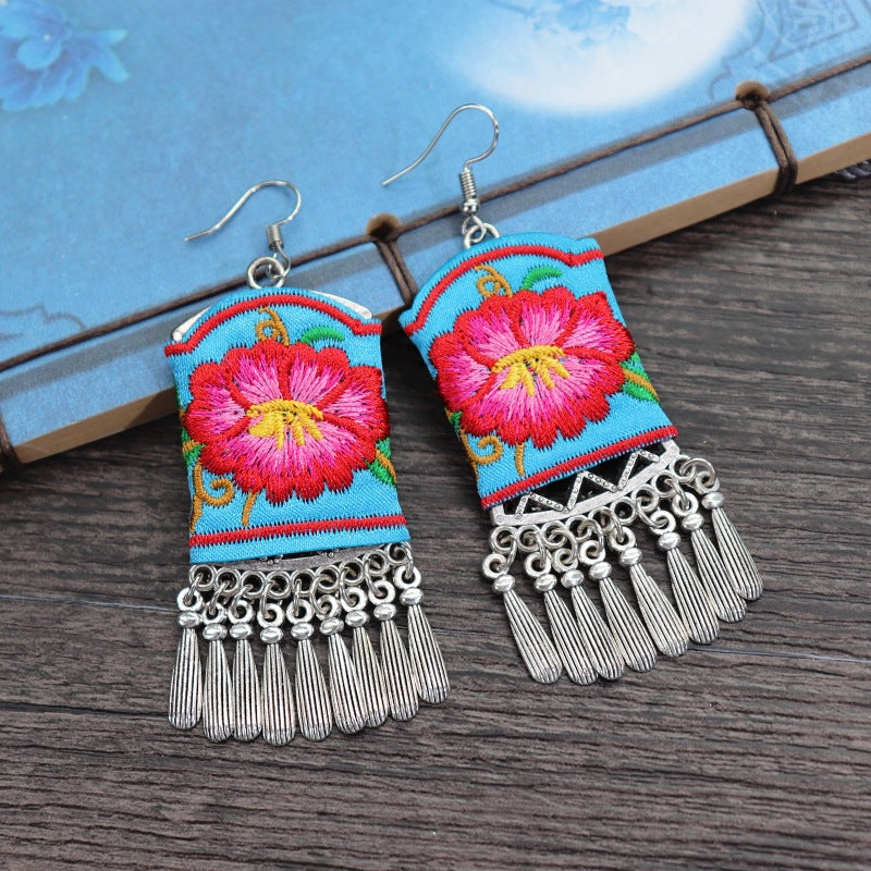 Women's Retro Ethnic Style Handmade Embroidered Fabric Long Flower Earrings