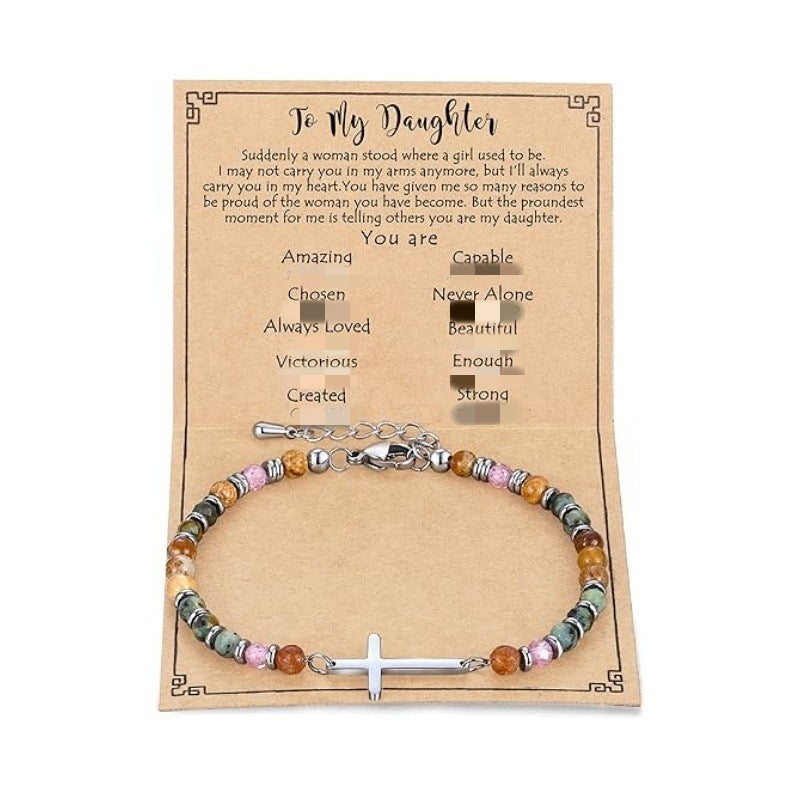 Women's Natural Stone Beaded Cross Lobster Buckle Adjustable Band Bracelet