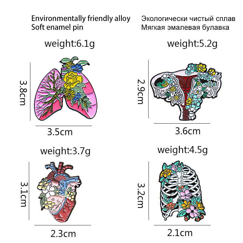 Series Badge Pink Lung Uterus Skeleton Brooches
