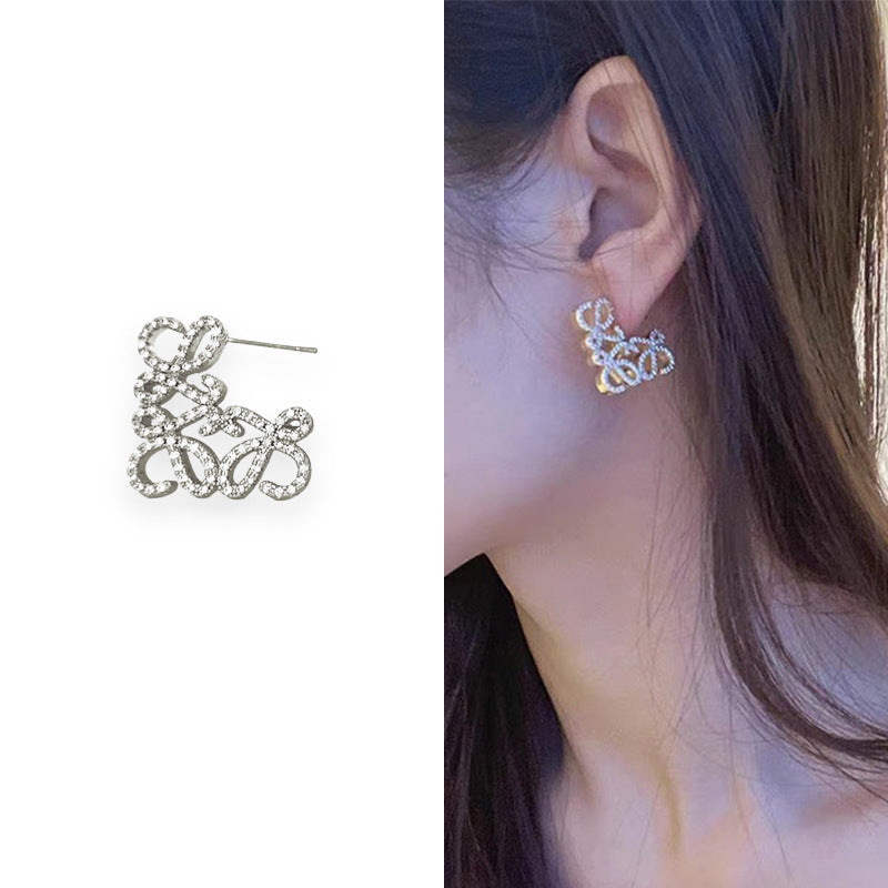 French Style Full Diamond Exquisite Carving Geometric Earrings