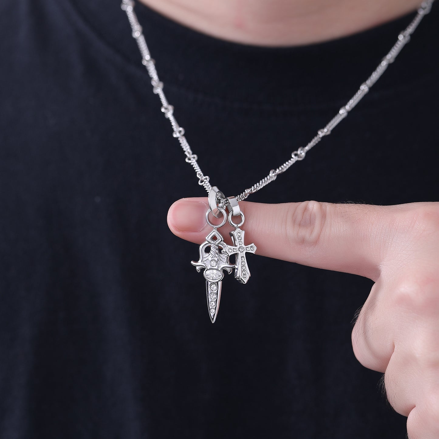 Women's & Men's Titanium Steel No Fading Diamond Sword Cross Necklace