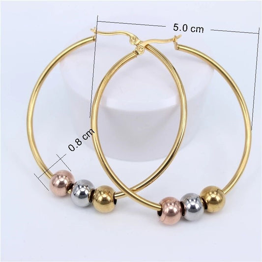 Simple Stainless Steel Three Colors Round Beads Eardrop Titanium Rings