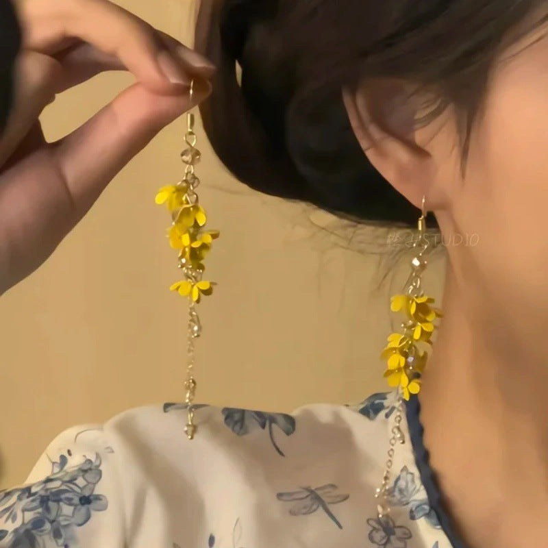 Women's Chinese Style National Burning Blue Beads Long Fringe Niche Retro Earrings
