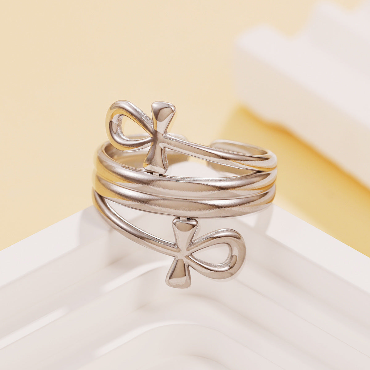 Steel Elegant Retro Cross Line Open Niche Style Vacuum Gold Rings