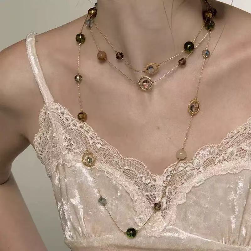 Vintage Beaded Long Twin Niche Clavicle Necklaces