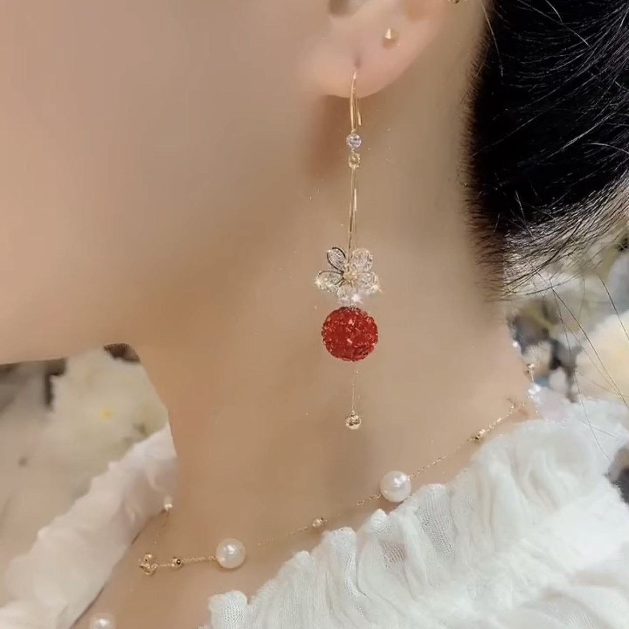 Women's Zircon Flower Long Fringe Temperament Light Luxury Red Rhinestone Ball Earrings