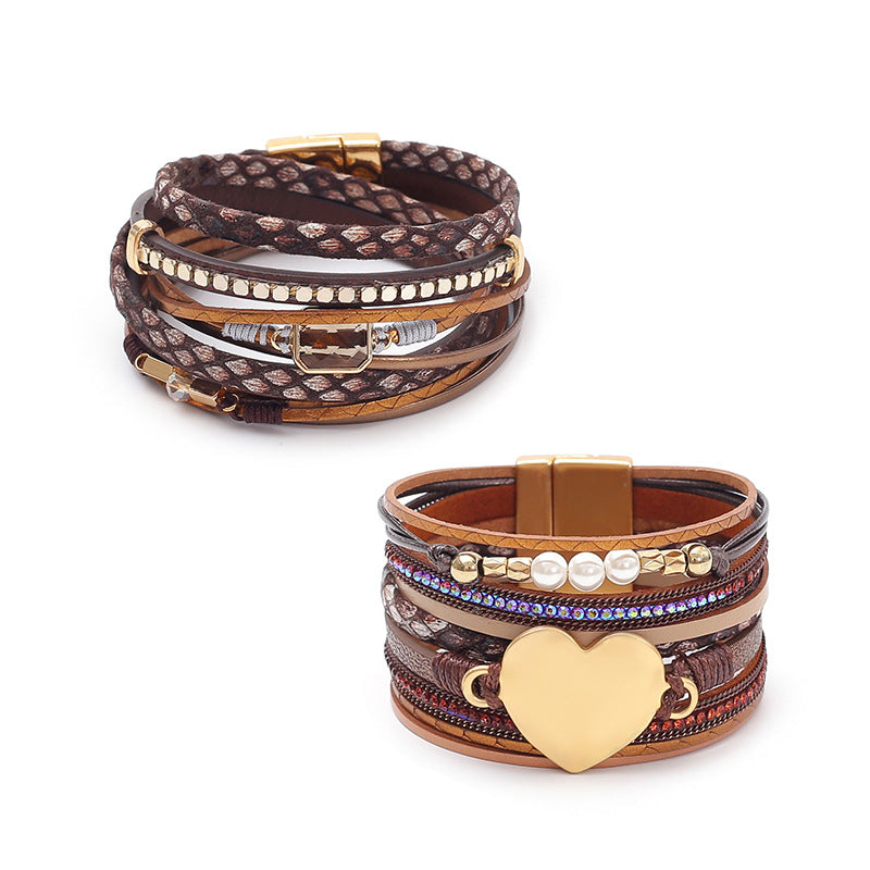 Love Pearl Leather Braided Magnetic Snap Bracelets