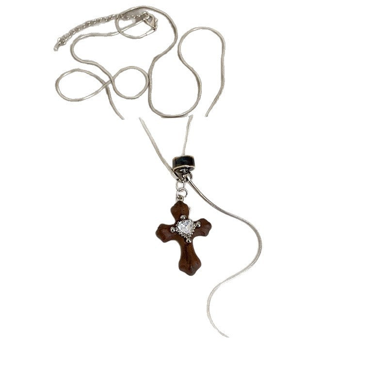Women's Sense Heart-shaped Zircon Wooden Cross Pull Retro Personalized Fashionable Necklace
