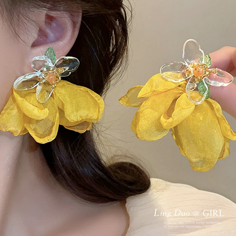 Yellow Flower Personalized Exaggerated Super Fairy Handmade Tassel Stud Earrings