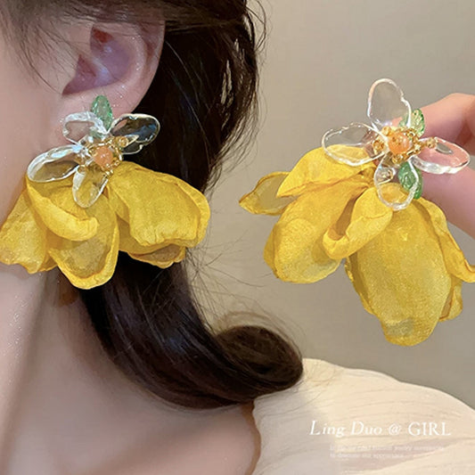 Yellow Flower Personalized Exaggerated Super Fairy Handmade Tassel Stud Earrings