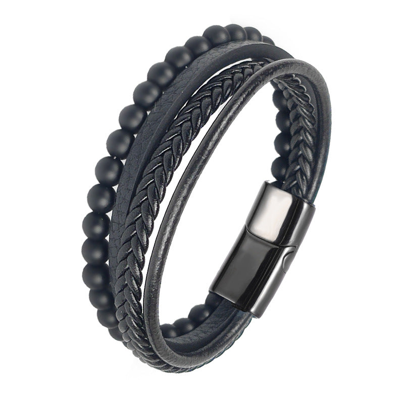 Men's Stainless Steel Leather Black Frosted Beads Woven Magnet Bracelet