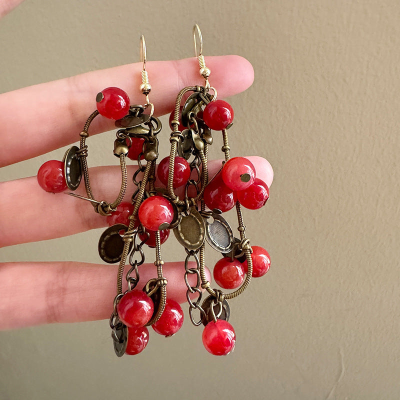 Red Fruit Beaded Tassel Ear Hook Style Retro Sense Chic Rings