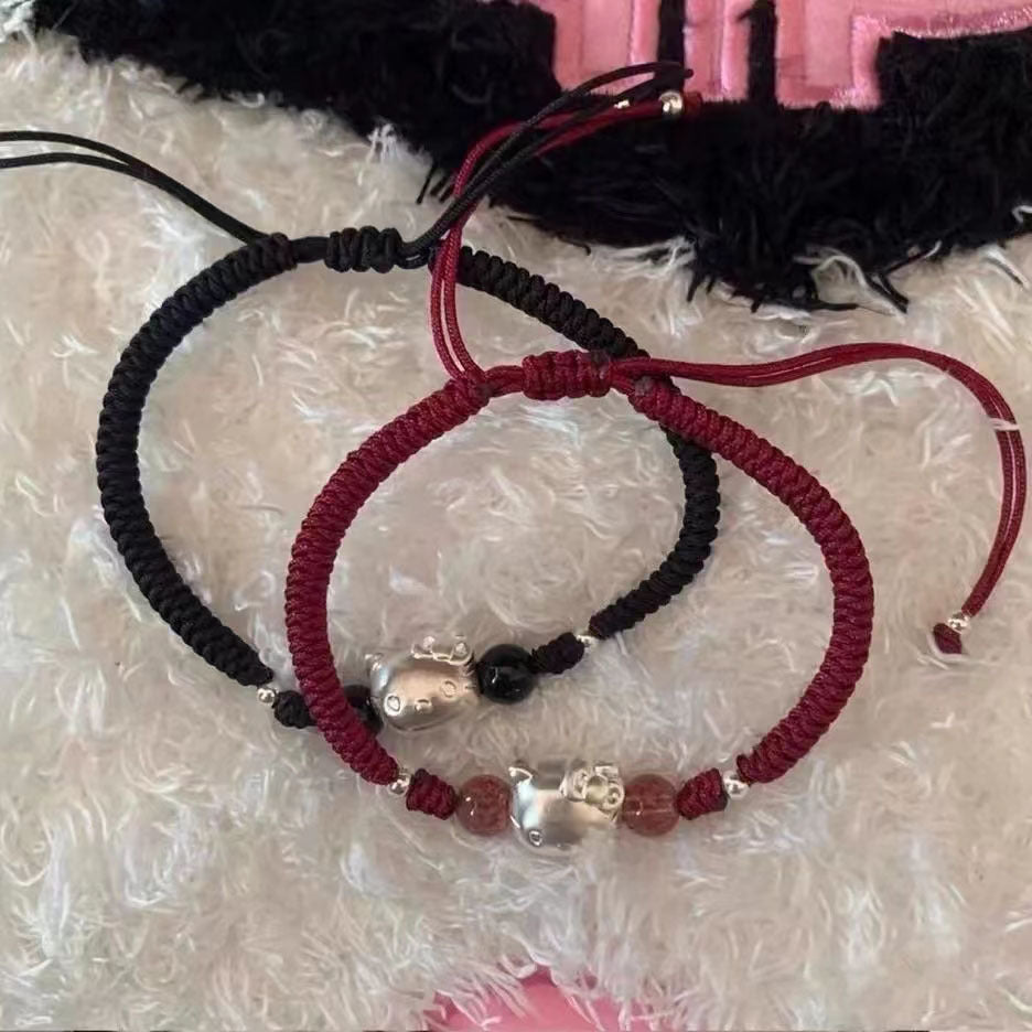 Hello Kitty Obsidian Strawberry Couple Woven Hand Bracelet