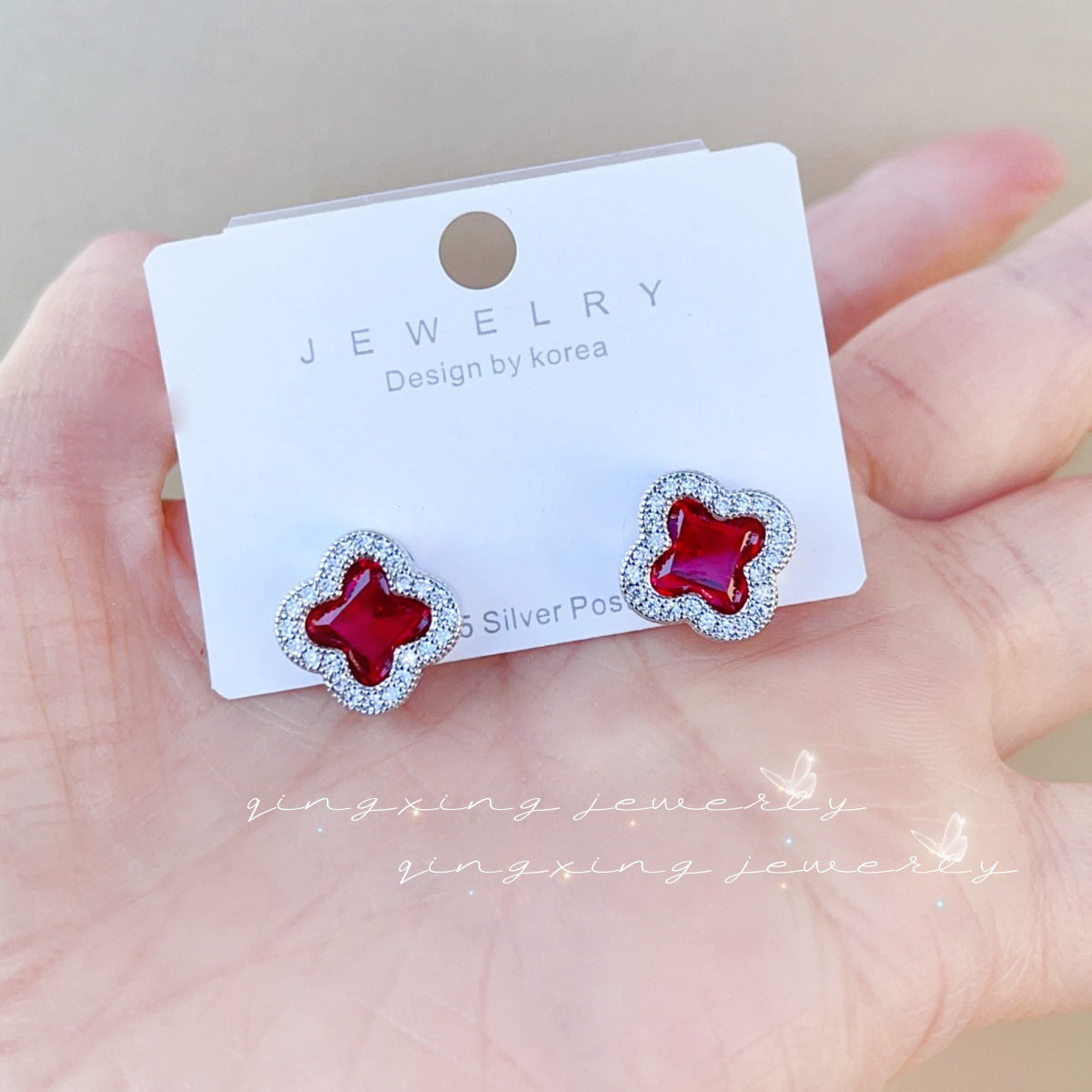 Women's Needle Red Corundum Zircon Dopamine Wear Color Clover Earrings