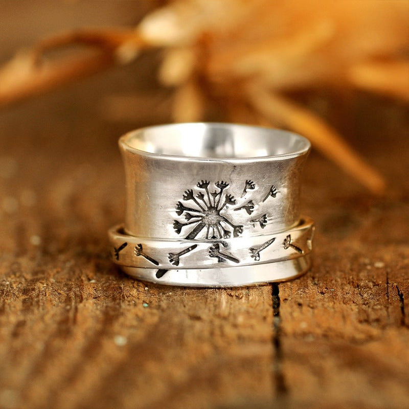 Retro Creative Carved Dandelion Can Be Rotatable Simple Trend Rings