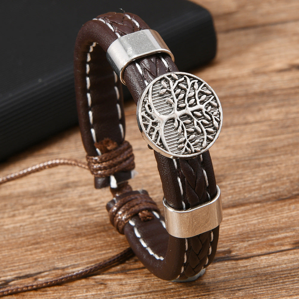 Men's Hand-woven Beads Metal Lucky Tree Leather Bracelets