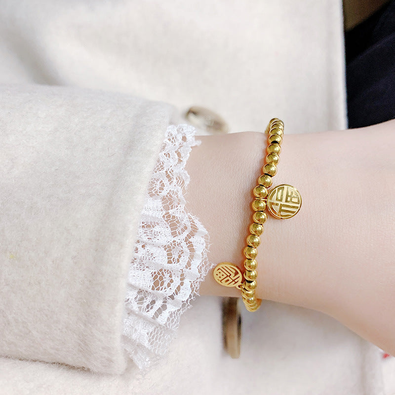 Beads Round Stretch Female Design Titanium Steel Golden Hollow Blessing Bracelet