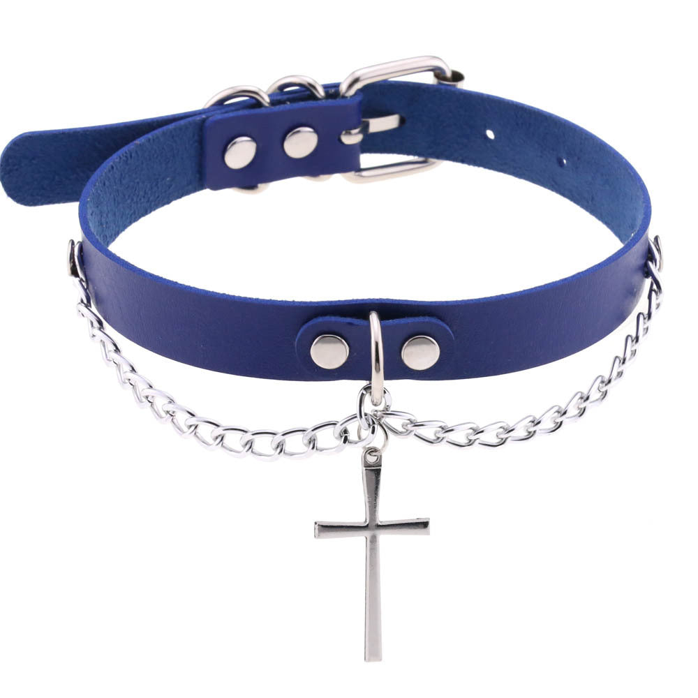 Leather Chain Cross Clavicle Classic Neckband Collar
