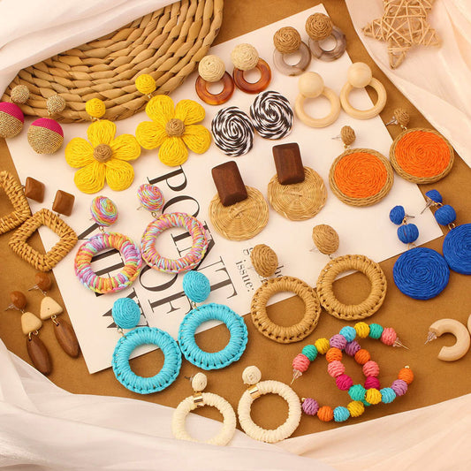 Retro Beach Vacation Bohemian Grass Rattan Woven Female Temperament Long Earrings