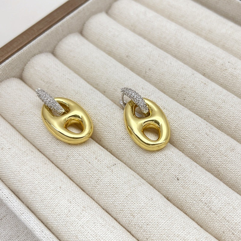 Light Luxury Double Full Diamond Niche Geometric Gold Sier Two-color Stud Earrings