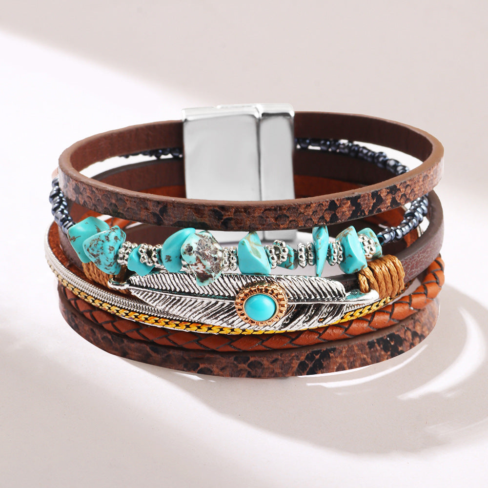 Women's Vintage Feather Trendy Unique Turquoise Gravel Bracelets