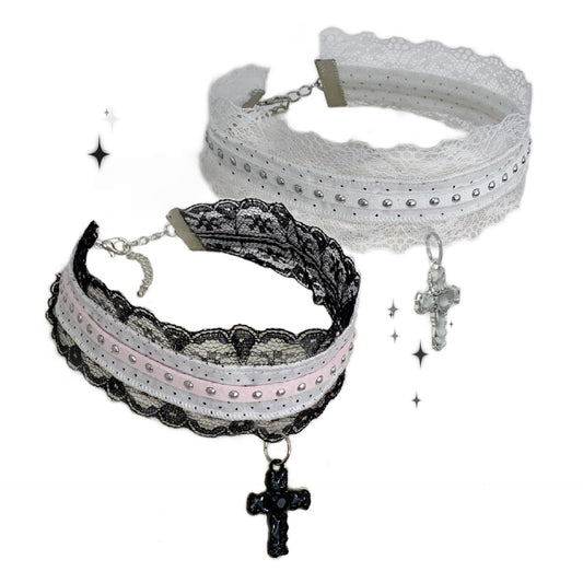 Lolita Lace Bead Rhinestone Cross Gothic Style Clavicle Collar