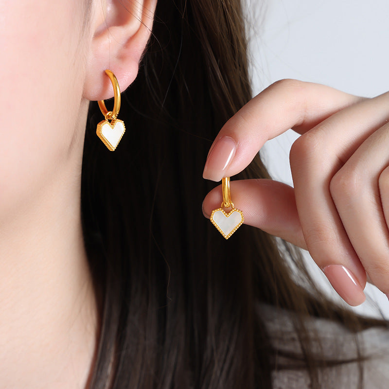 Women's Peach Heart Micro Glass Bead Titanium Steel Gold Earrings