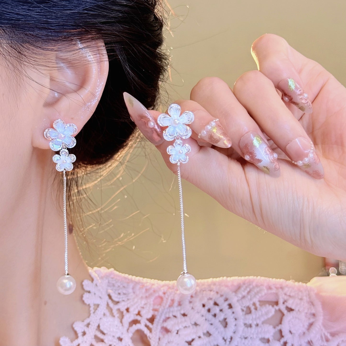 Fashion Long Double Flower Pearl Tassel Super Fairy Face Small Stud Earrings