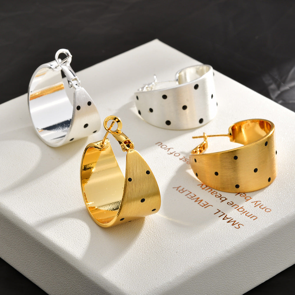 Retro Gold Brushed Black Polka Dot Earrings