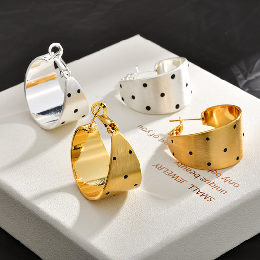 Retro Gold Brushed Black Polka Dot Earrings