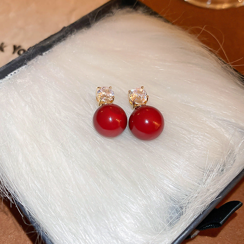 Women's Sier Needle Red Geometric Ear Korean Earrings