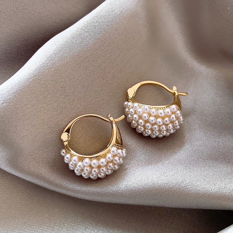 French Retro Geometric Pearl Ear Clip Elegant Style Trendy Design Stud Earrings