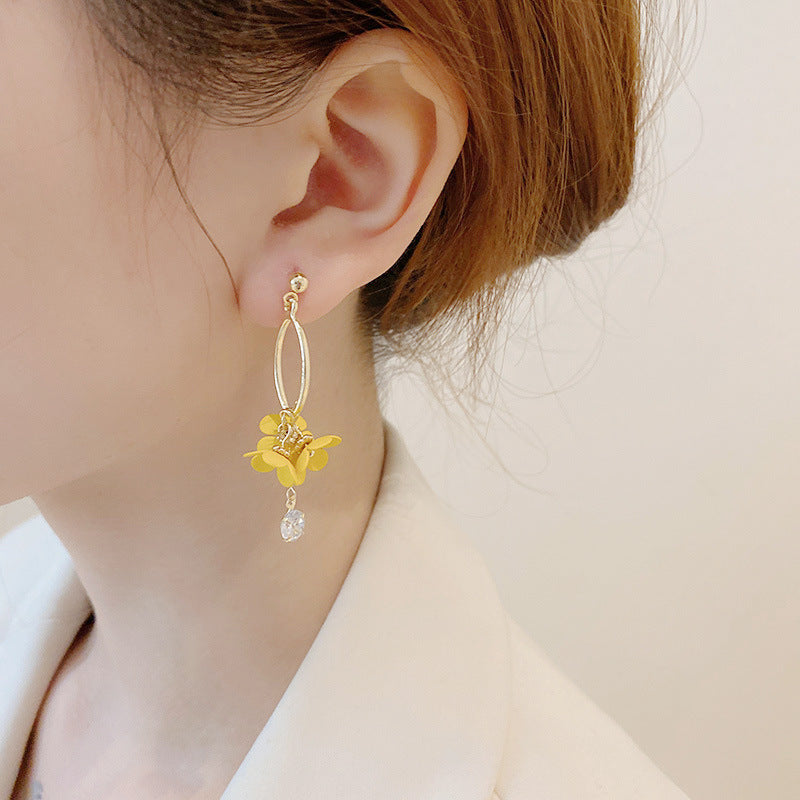 Women's Fashion Sier Fairy Flower Long Sweet Tassel Yellow Rings