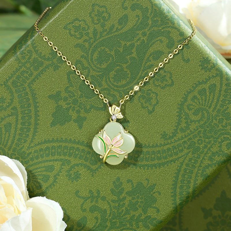 Women's Magnolia Clover Jade Sterling Sier National Style Chinese Summer Necklaces