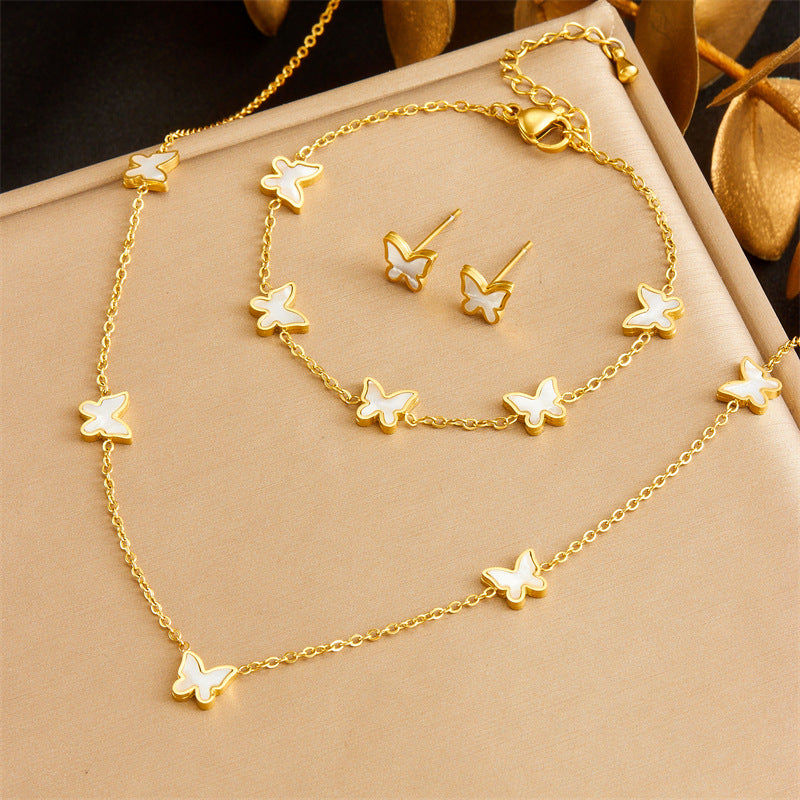 Exquisite Gold-plated Stainless Steel Love Pearl Flower Butterfly Jewelry Set