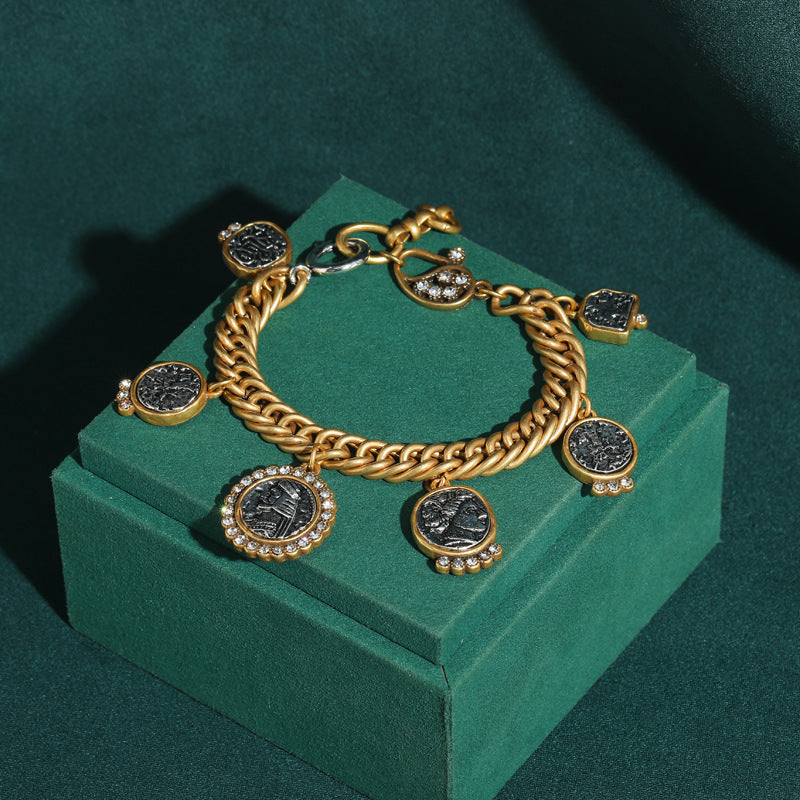 Vintage Summer Antique Coin Avatar Wide Distressed Diamond Copper Plated Bracelets