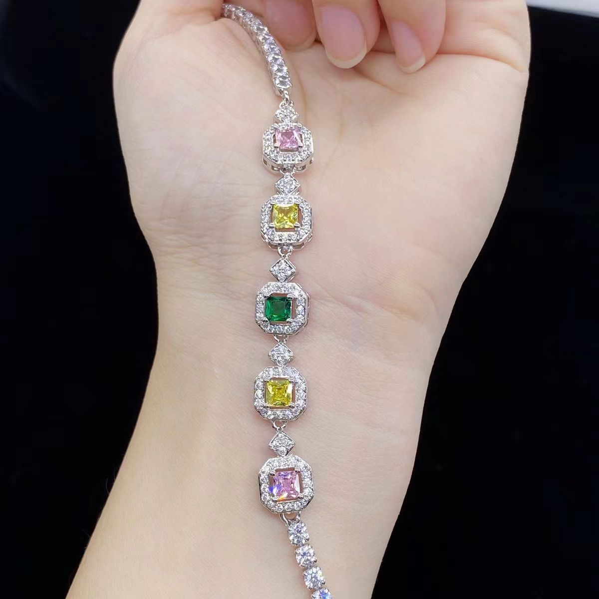 Color Tourmaline Princess Square Full Diamond Female Bracelet