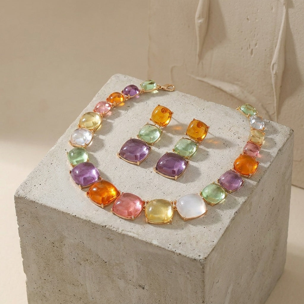 Cube Sugar Gem Female Light Luxury Temperament Color Crystal Dinner Jewelry Set