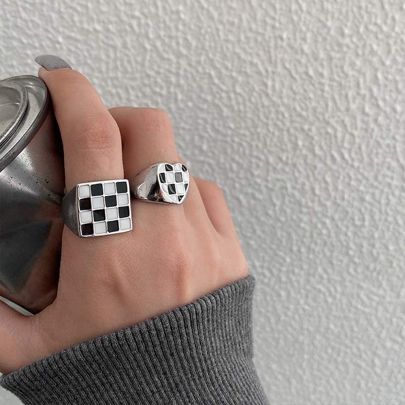 Chessboard Plaid Drip Glazed Open Female Summer Niche Design Cold Ring
