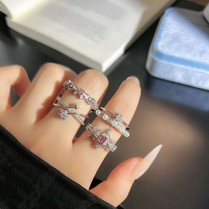 Layer Sparking Zirconium Snowflake Pearl Female Unique Cold Wind Rings