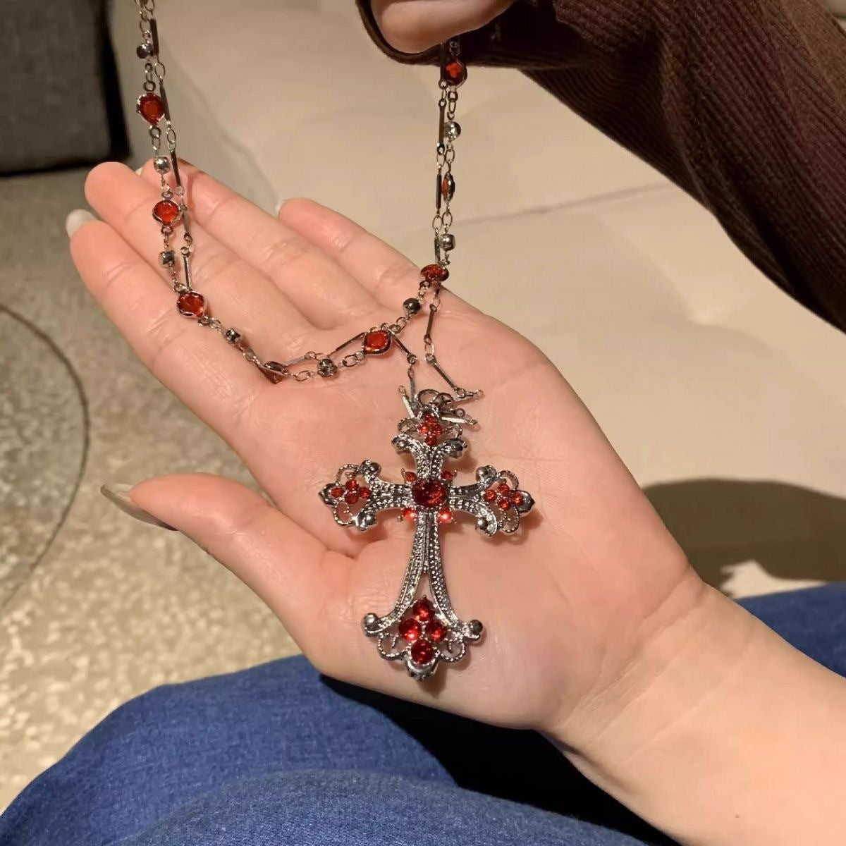 Punk Red Cross Female Trendy Hot Gothic Style Double Layer Necklace